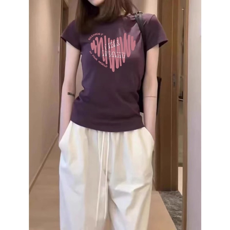 高级感深紫色t恤女短袖2025年新款设计感小众显瘦独特超好看上衣
