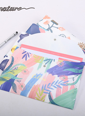 Signature彩色植物印花A4文件夹按扣防水大容量文件袋子pp