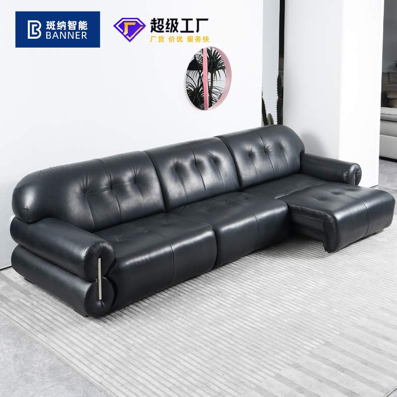 意式极简黑色皮艺黑糖沙发法式复古小户型轻奢中古风电动沙发床