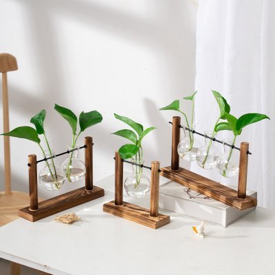 桌面创意木支架透明玻璃花瓶水培绿植工艺品摆件装饰架小清新家居