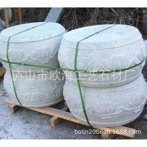 红漆象棋状石鼓 带鼓钉雕花刻字挡车石 广场防恐石墩摆件