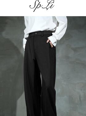 SPLi【三本针】‘斜纹呢子’黑色垂感西装裤男春夏宽松直筒休闲