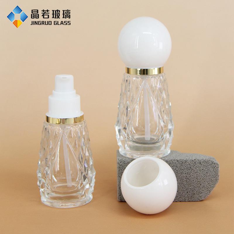 新品棱形凸纹玻璃瓶50毫升小灯泡精华液瓶球形粉底液瓶子防晒分装