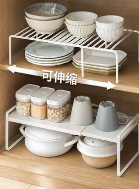 现货厨房分层伸缩置物架橱柜两层架碗碟调料收纳鞋柜厨房收纳