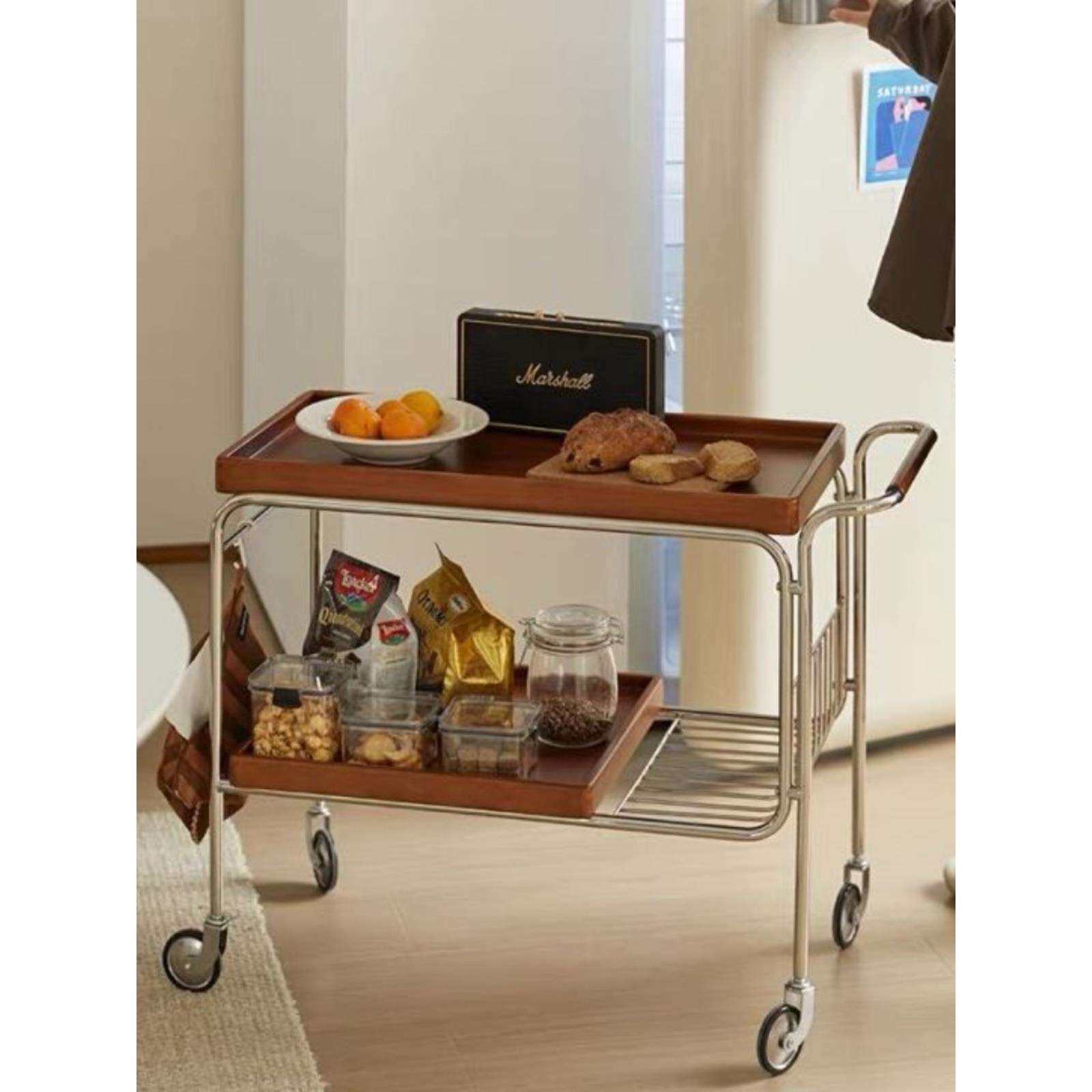 A9L茶水小推车网红实木沙发边几复古藤编茶几客厅边柜餐车置物架