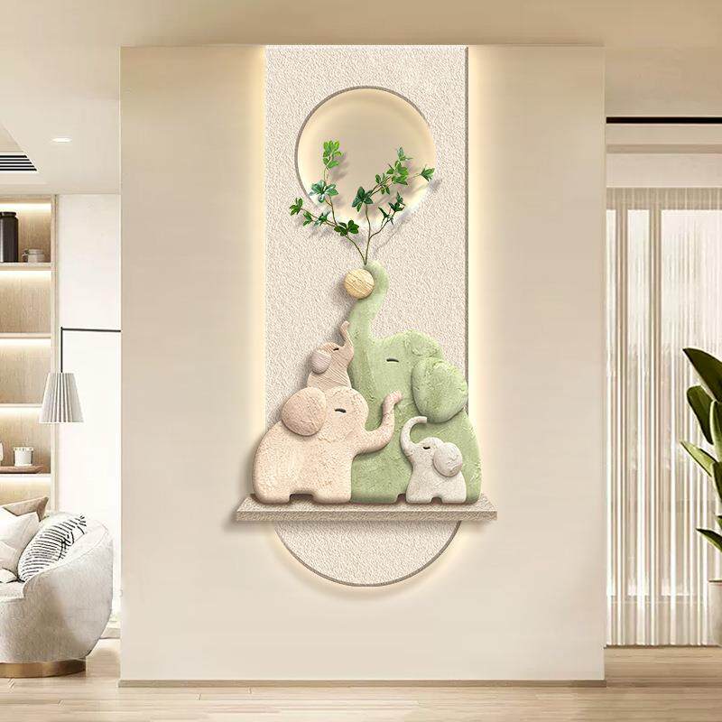 现代简约入户玄关装饰画绿植大象走廊过道墙挂画奶油风正对门壁画