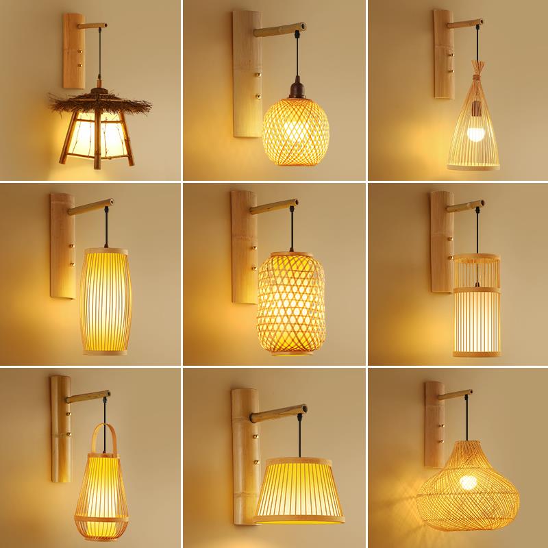 W6竹编壁灯新中式餐厅墙壁挂灯楼梯阳台过道走廊床头复古竹艺装饰