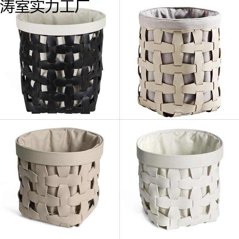 手工编织废纸篓软装高档皮革脏衣篓收纳筐 家用编织镂杂物置物筐