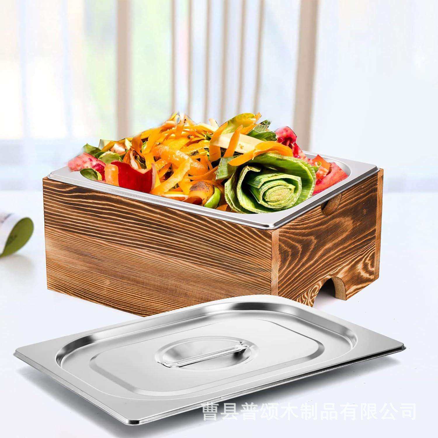 木质厨房堆肥箱不锈钢插件厨房柜台厨余垃圾盒带盖实物残渣收纳盒