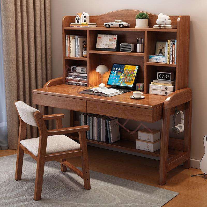 实木书桌家用卧室学生写字桌带书架儿童学习桌子简约