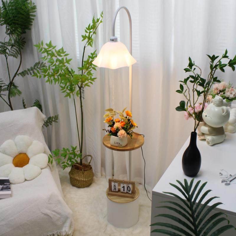 奶油风茶几落地灯客厅法式主卧室边几沙发旁床头柜置物架一体台灯