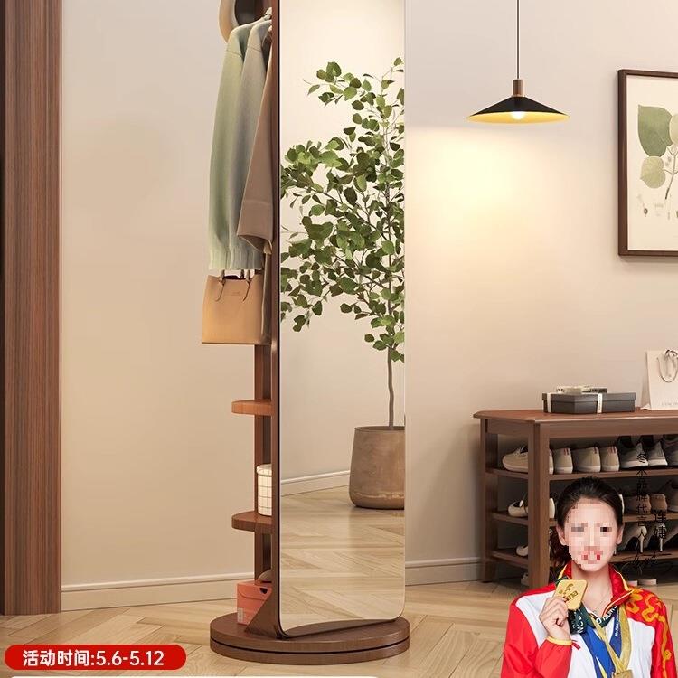 实木全身镜落地镜家用卧室可旋转移动试衣镜子带挂衣架一体穿衣镜
