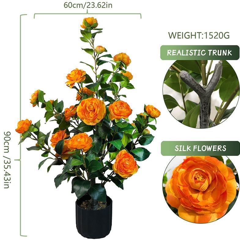 跨境仿真茶花盆栽客厅家居装饰永生假花婚庆摆件造景玫瑰厂家