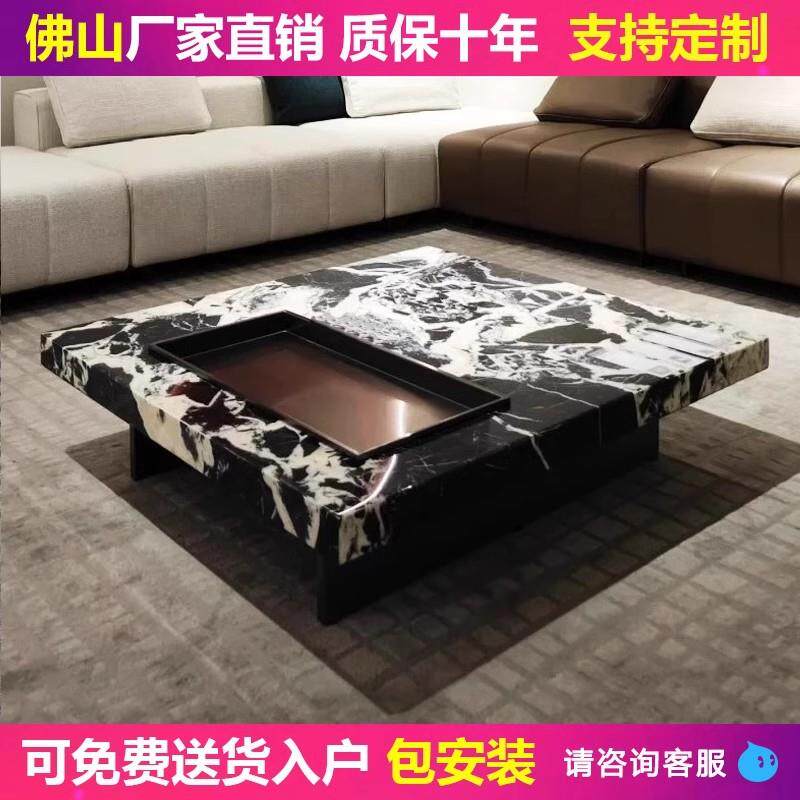 奢石茶几轻奢风酒店招待居客厅宝格黑天然大理石家具雪山飞狐茶几
