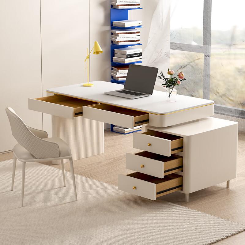 奶油风意式极简岩板书桌书房现代简约轻奢家用一体电脑桌办公桌