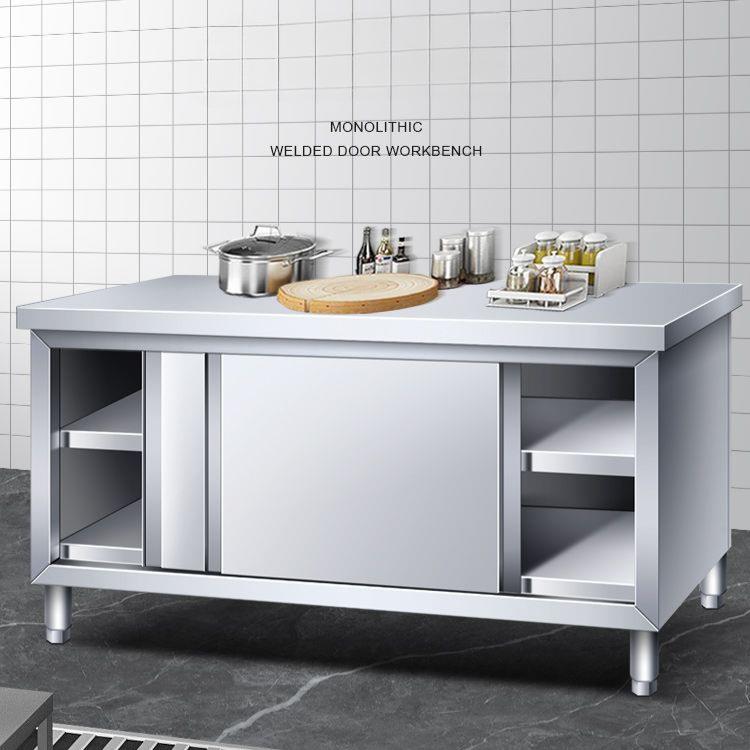 整体焊接特厚工作台不锈钢厨房家用橱柜操作台酒店放碗拉门
