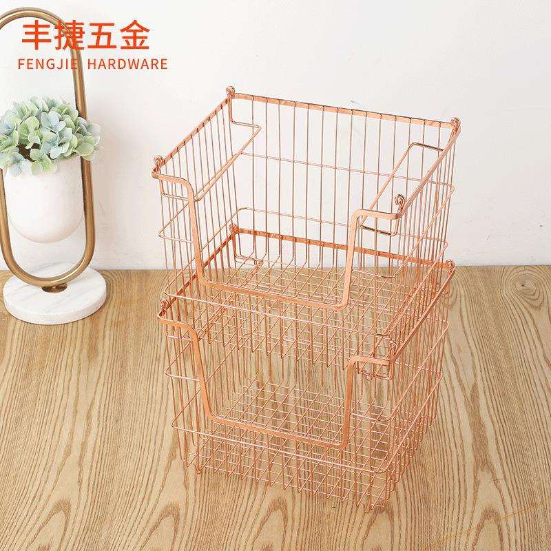 铁艺收纳衣物整理架 可叠加双层脏衣篮 镂空玫瑰金隔层储物置物架