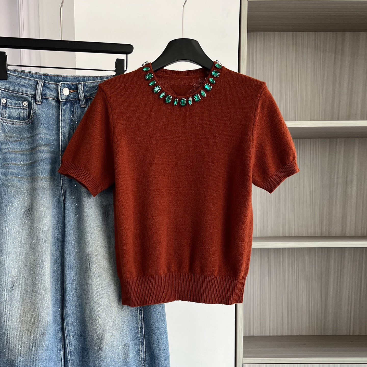 欧货潮牌烫钻休闲风绵羊毛衫女2026春季新款套头圆领短袖T恤上衣,女装/女士精品,T恤,淘宝优惠券,粉丝福利购,淘宝优惠卷