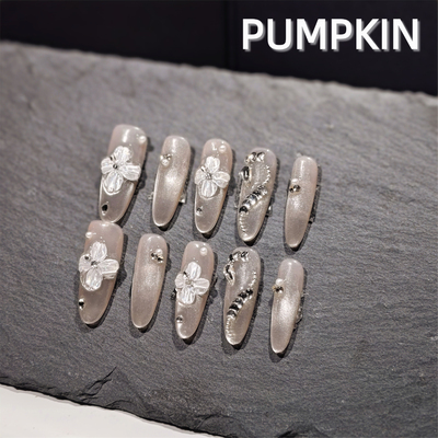 Pumpkin nail纯手长甲透色带钻闪粉圆润气质简单长梯10262001