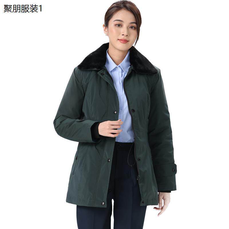 新款邮政储蓄工作服女士冬季棉服墨绿色修身中长款加厚棉衣