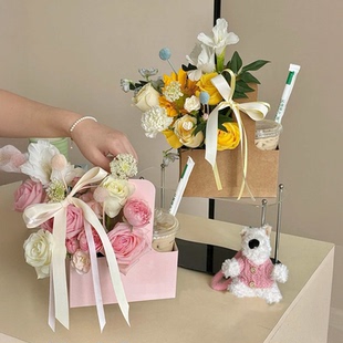 网红咖啡手提花盒奶茶杯托打包外带插花diy材料鲜花礼盒花束包装