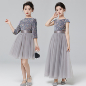 儿童礼服女童高端公主裙灰色钢琴演出裙主持人短款 长袖 周岁童礼服