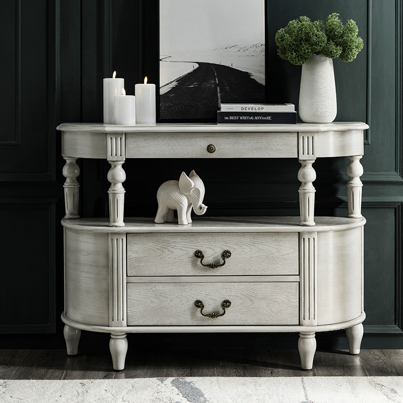 美式客厅实木餐边柜窄柜30cm深半圆玄H关桌轻奢风靠墙玄关柜储物