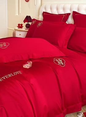 2025新简约刺绣婚庆四件套大红色陪嫁被套J床单结婚床上用品婚嫁