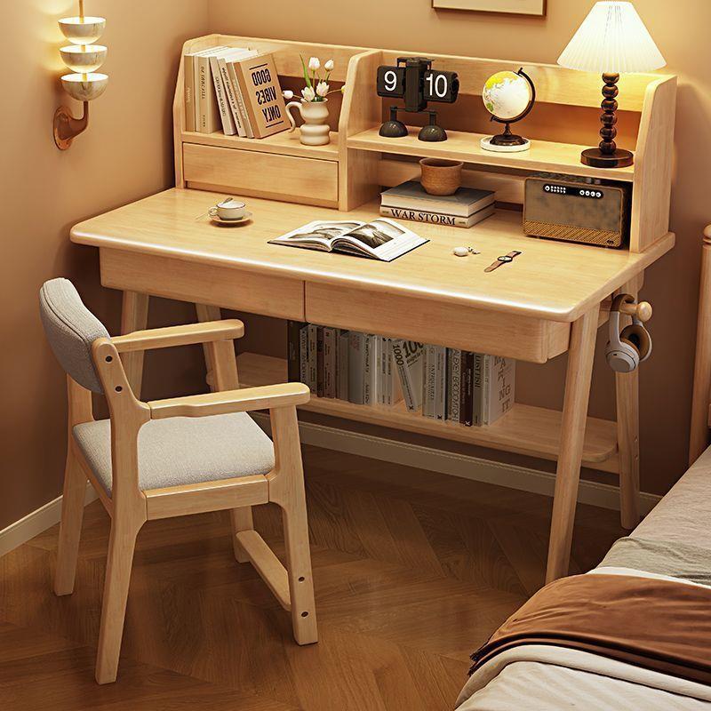 实木书桌带书架60/70/80CM小户型家用儿童学习桌床边靠墙课桌椅