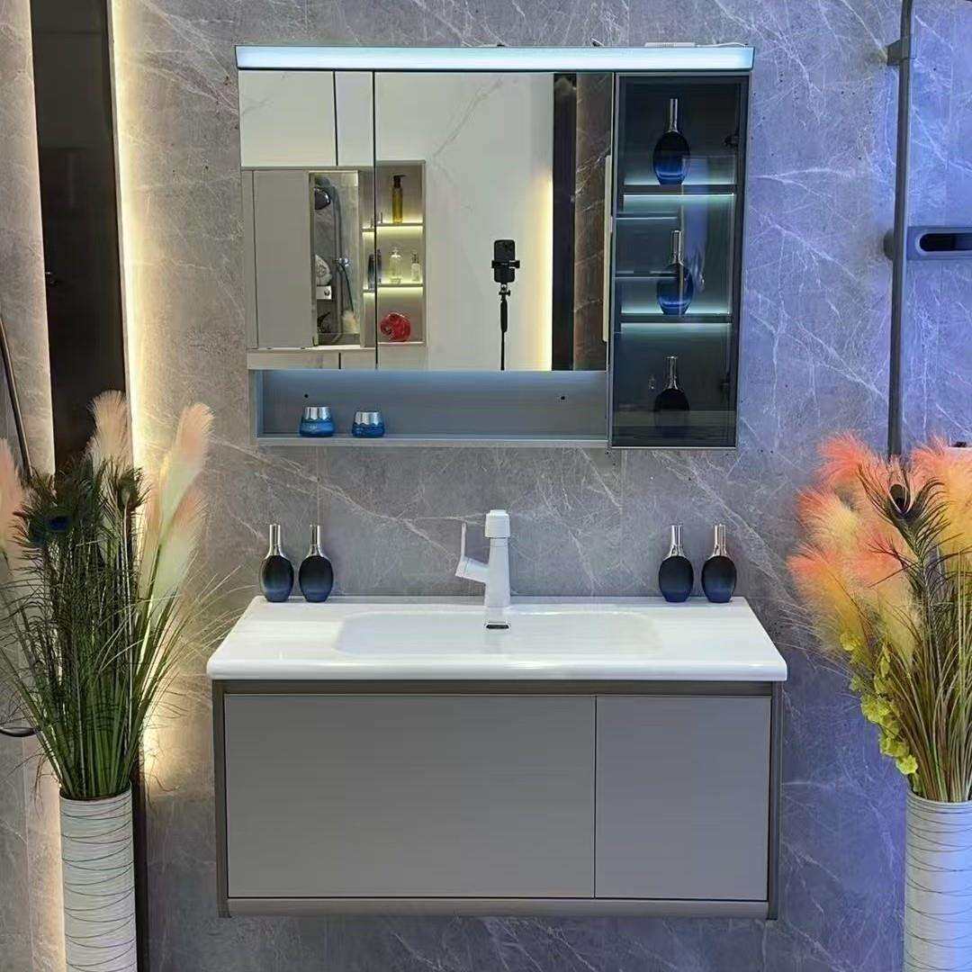 2025现代简约陶瓷一体盆浴室柜卫生间洗漱台带氛围灯收纳镜组合柜