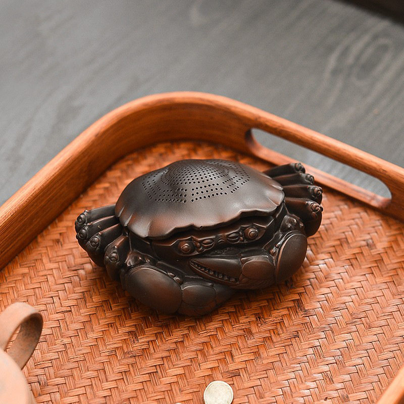 创意紫陶螃蟹过滤器陶瓷茶漏茶滤网全瓷一体茶宠摆件可养茶道零配