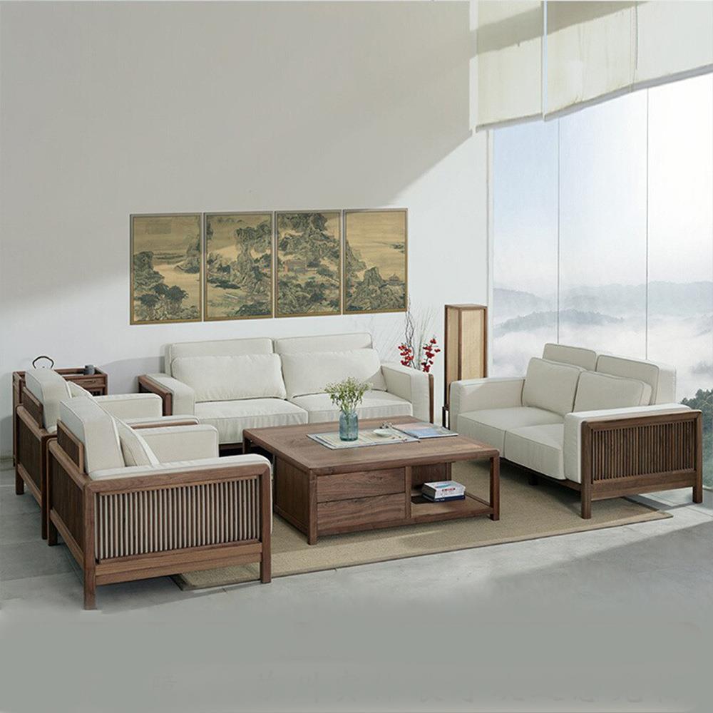 新中式北美黑胡桃实木沙发组合别墅样板房客厅布艺沙发家俱可