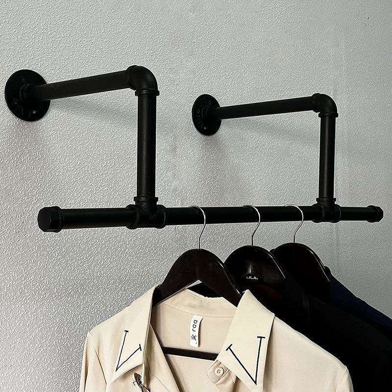 直销黑色简约超长壁挂铁艺工业风加长水管置物架毛巾架挂衣杆