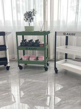 绿色三层小推车工业风工具车手推车静音滚轮收纳零件移动花架绿植