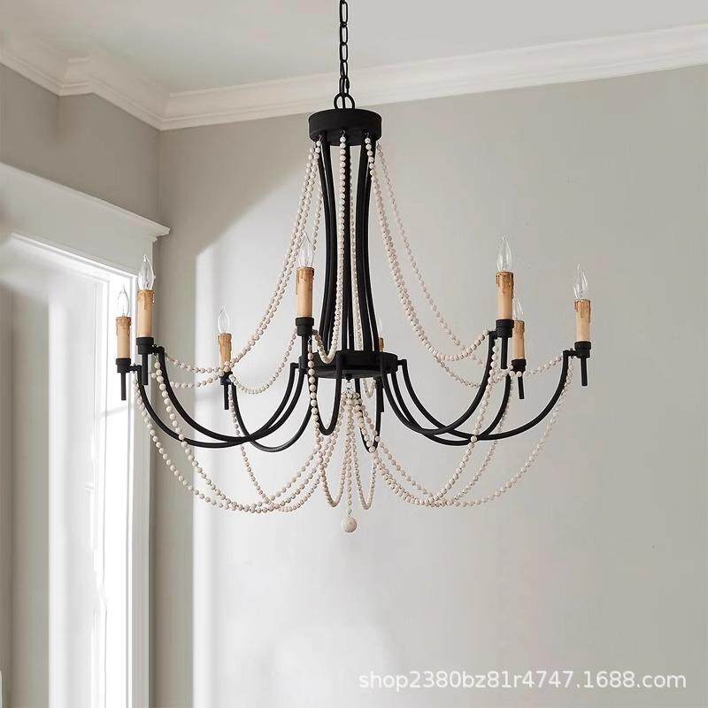 美式乡村客厅吊灯卧室餐厅法式复古艺术装饰民宿店铺木珠蜡烛灯具