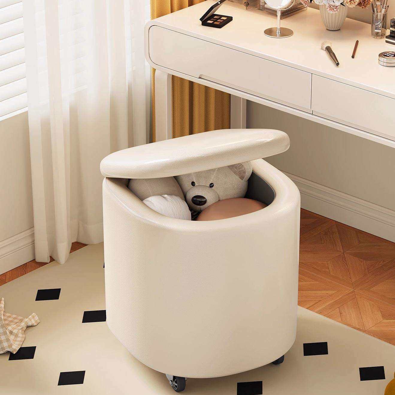 化妆凳可储物梳妆台凳子女生卧室奶油风旋转万向轮美甲椅方凳矮凳