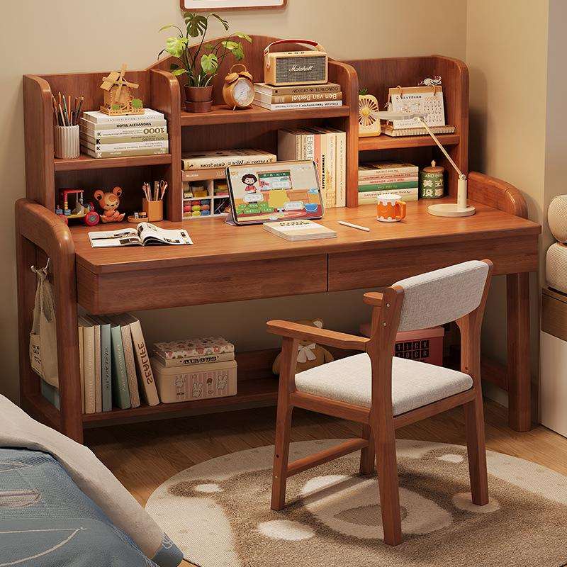 实木书桌手动升降桌中学生书桌卧室家用简约书桌书架书桌+写字椅