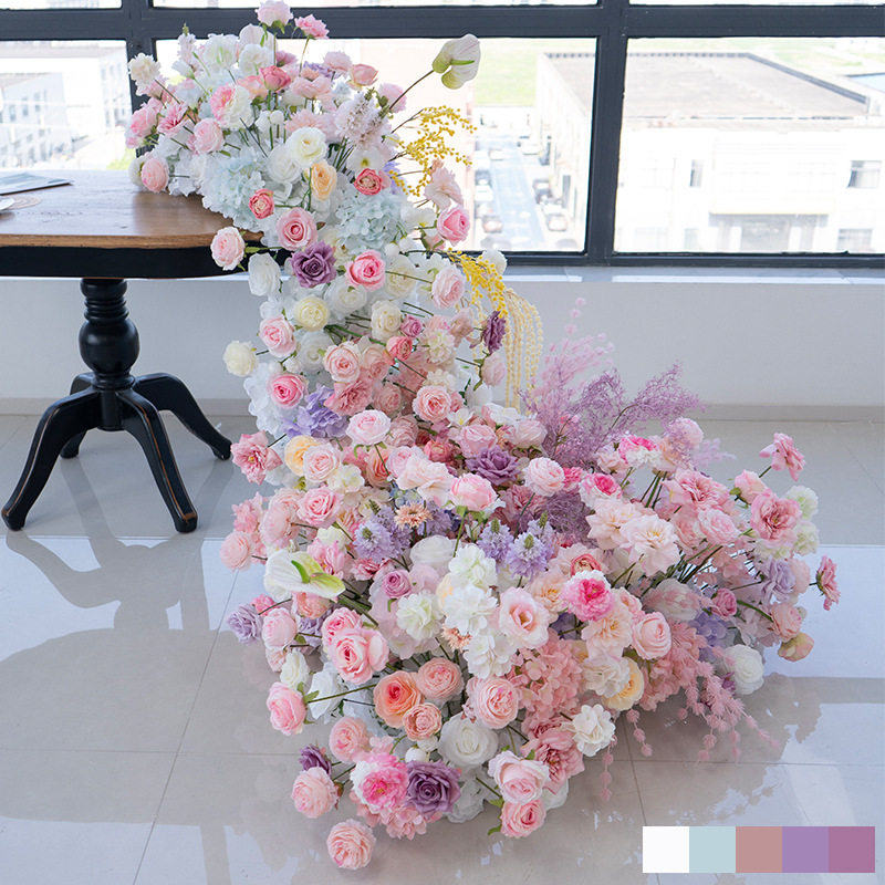梦幻粉色假花拖尾瀑布花艺拍照装饰网红酒店餐桌长条桌花仿真花