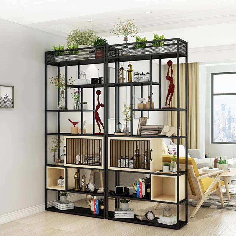 现代简约家用客厅实木铁艺置物架落地书架格子收纳架多层置物架