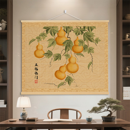 葫芦吉祥五福临门大尺寸竹帘挂画茶室客厅玄关书房墙壁背景装饰画