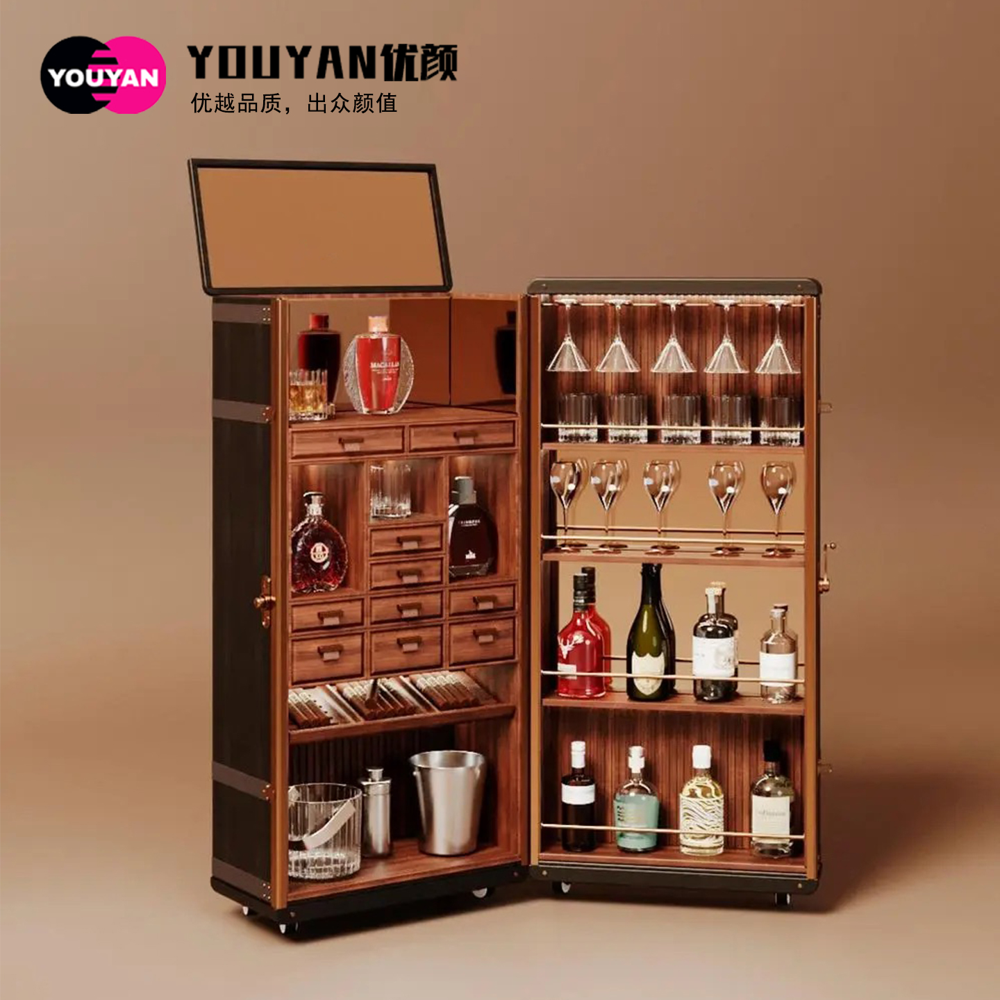 复古可移动实木酒柜高端展示柜