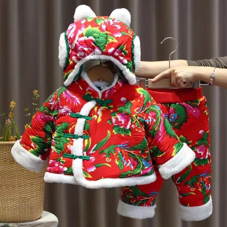 婴幼儿东北大花布套装秋冬季加厚保暖男女童拜年衣服棉衣宝宝棉服