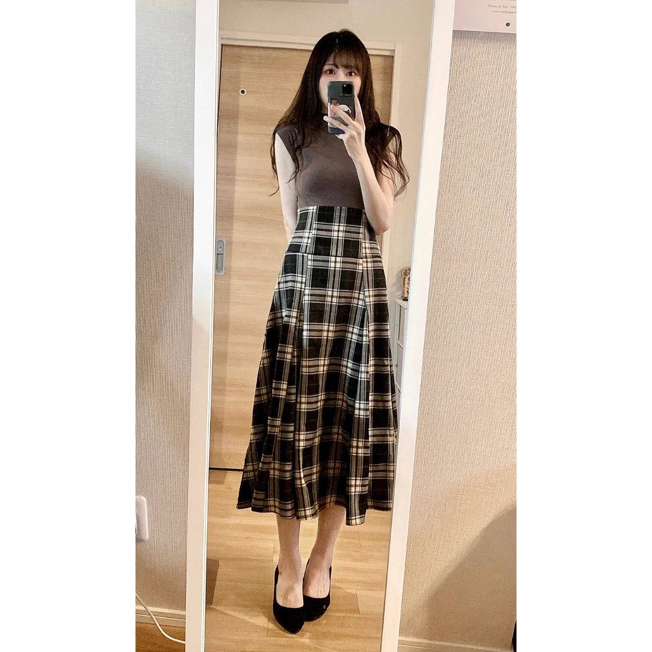GRL春季新款2025女日系甜美格纹后系带假两件高腰显瘦连衣裙