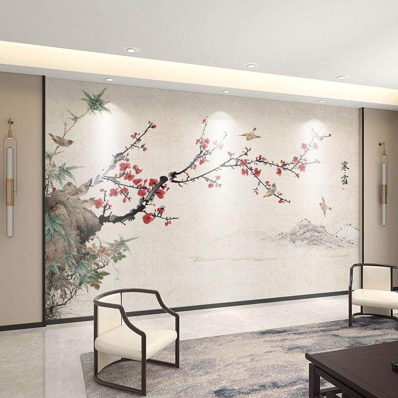 墙纸定制3d立体中式梅花电视背景墙壁纸客厅花鸟壁布装饰墙布壁画