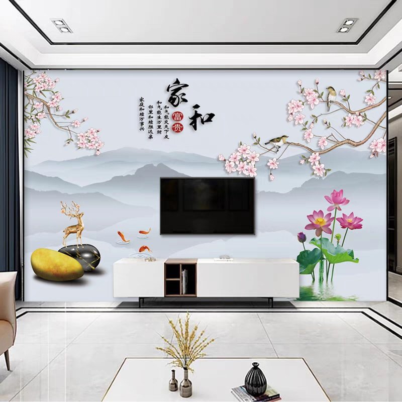 2024新款客厅电视背景墙墙纸花鸟壁纸山水壁画中式墙布3d立体壁布