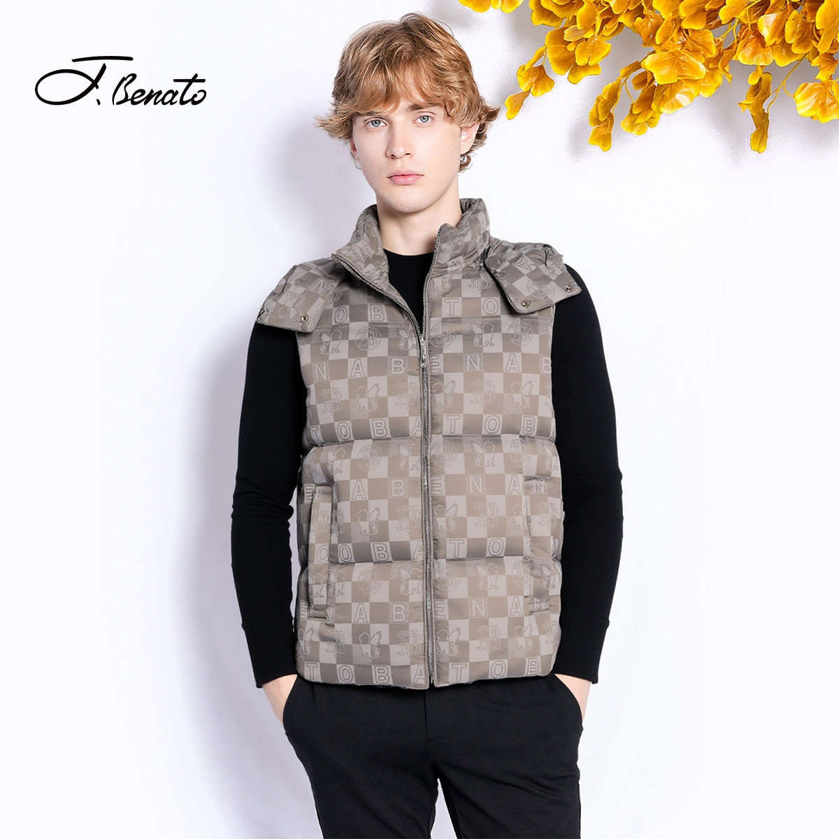 【90白鹅绒】宾度男装秋冬男士满版独家字母元素短款羽绒马甲背心,男装,羽绒马甲,淘宝优惠券,粉丝福利购,淘宝优惠卷