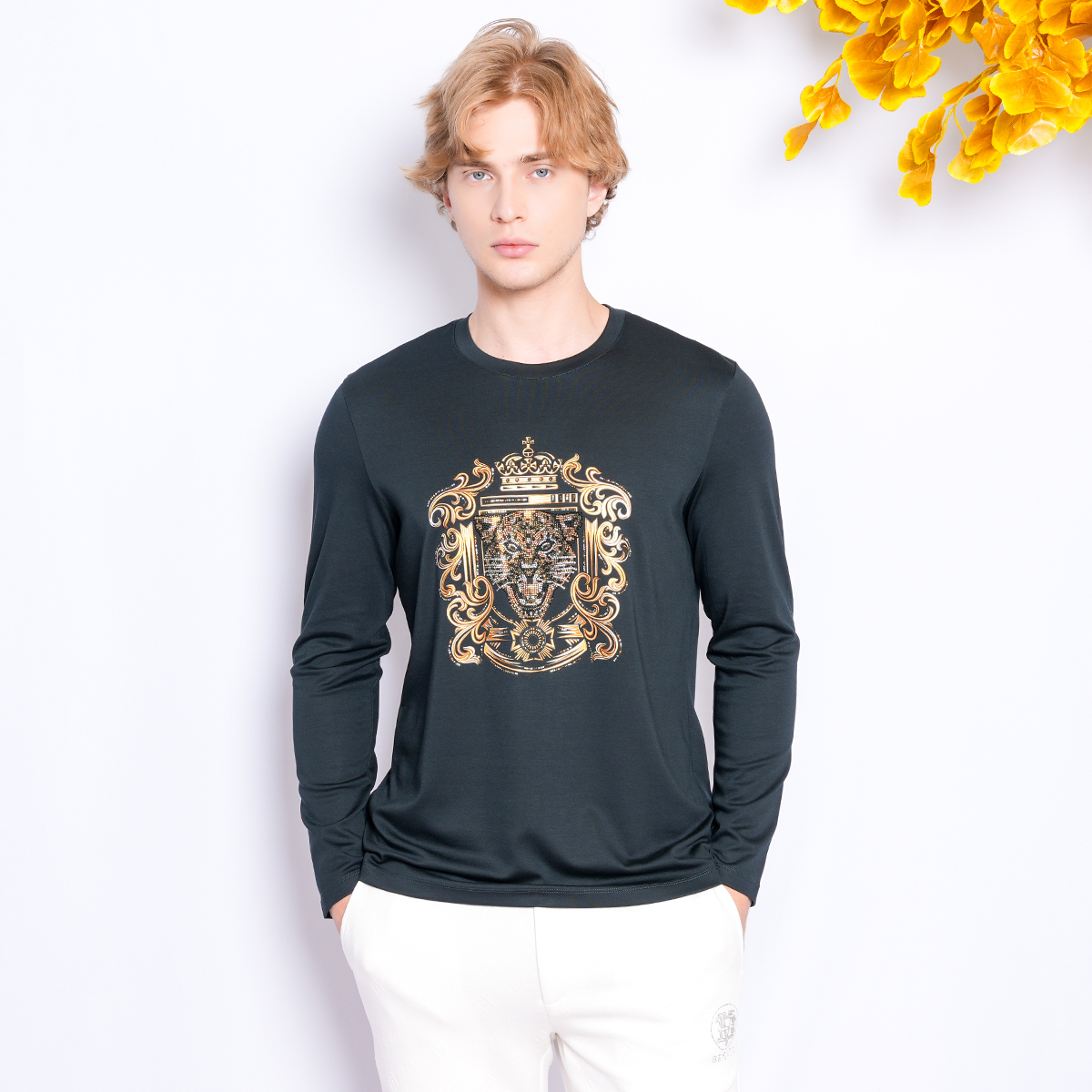 男士烫钻豹子绿色花卉元素幻彩