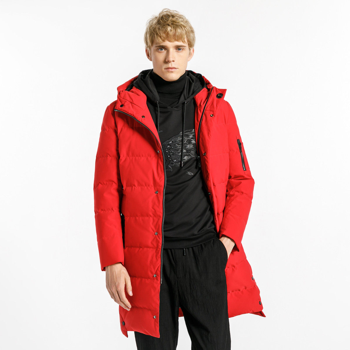 【91白鹅绒】宾度男装秋冬男士保暖御寒连帽长款加厚中长款羽绒服