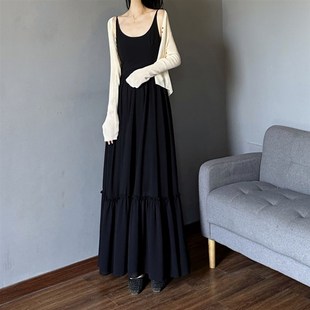 大u领无袖拼接背心裙 黑色内搭雪纺连衣裙 夏天大摆长款拖地长裙