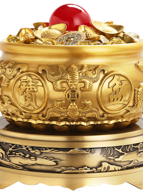 实心全黄铜八福聚宝盆摆件客厅黄铜米缸办公室酒柜店铺前台存钱罐